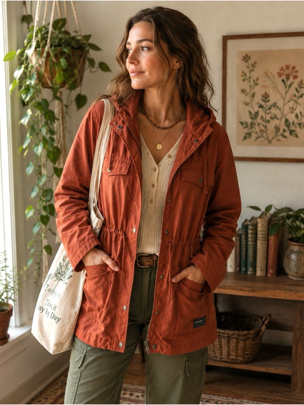 Eddie Bauer Women’s XL Rust Orange Hooded Utility Field/Rain Jacket Gorpcore